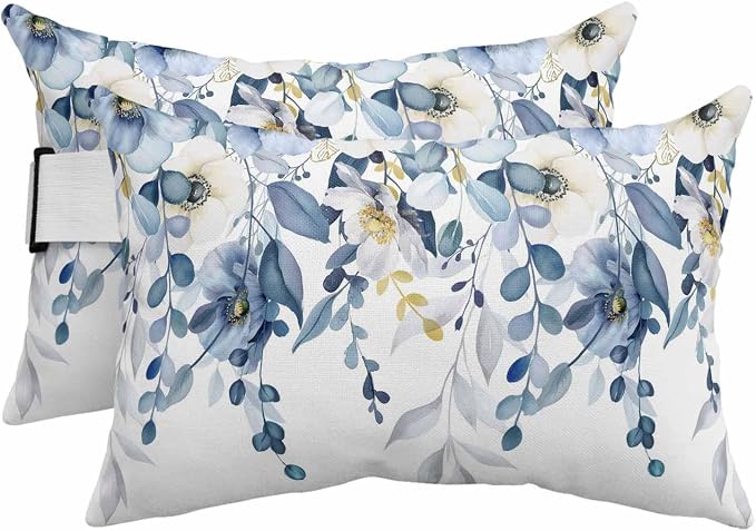 Outdoor Chair Pillow Headrest for Patio Pool Chaise Lounge, Blue Wild Flowers Recliner Head Pillow, Spring Watercolor Eucalyptus Leaves Floral Waterproof Pillowcases Lumbar Pillows & Insert 11x16x2pcs