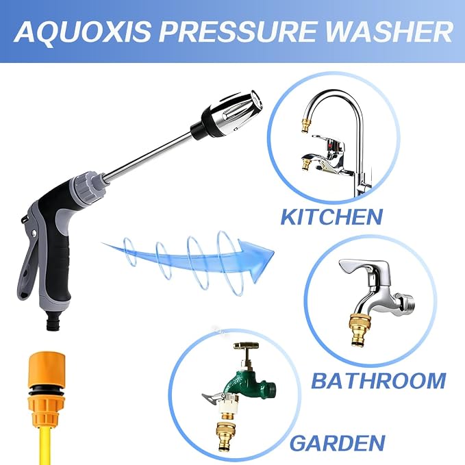Aquaxis Pressure Washer Wand High Pressure Water Jet Nozzle for Garden Hose, 3 Spray Modes, Turbo Cleaner for Car Washing, Patio, Driveway, Stainless Steel Construction (1 Set)