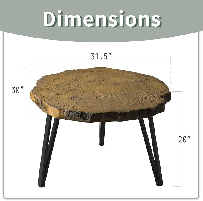 SUNBURY Outdoor Coffee Table, 31" W Faux Wooden Coffee Table, Modern Round Coffee Table for Patio, Concrete Outdoor Side Table with Anti-Rust Metal Leg for Garden, Backyard, Lawn, Deck
