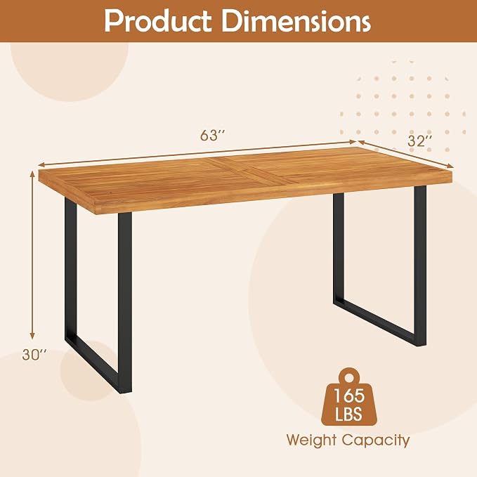 HAPPYGRILL Acacia Wood Patio Dining Table with Umbrella Hole (1.97”), Outdoor Wooden Table for 4-6 People, for Backyard Deck Porch