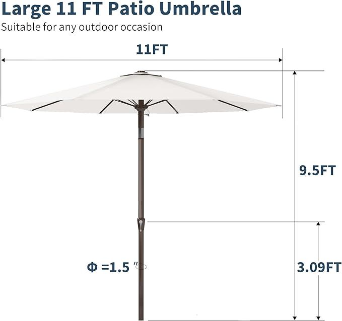 PatioKingdom 11FT Patio Umbrella,Outdoor Umbrella with Push Button Tilt and Crank,Market Table Umbrella with 8 Sturdy Fiberglass Ribs UV Protection