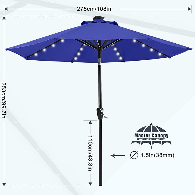 MASTERCANOPY 9FT 8Ribs Patio Umbrella with 32 Solar LED Lights, Outdoor Market Umbrella with Tilt & Crank, UV Protection & Fade Resistant Fabric, Easy Set-Up for Garden, Deck, Pool (Blue)