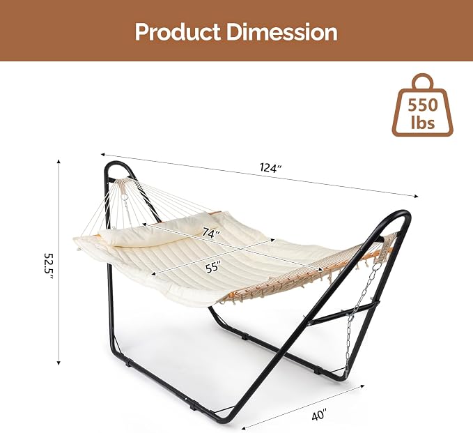 Double Hammock with Stand, Outdoor 2 Person Heavy Duty Hammock Bed, 550 LBS Capacity Perfect for Outdoor & Indoor (Beige)