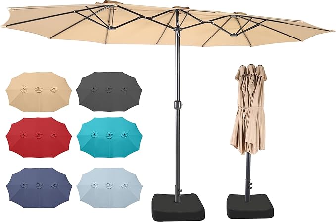 15ft Patio Umbrella with Base, 10-Year-No-Fade Large Outdoor Double-Sided Market Umbrella with UPF50+Terylene Polyester Fabric and Crank for Poolside Garden Deck Backyard Beach Pools