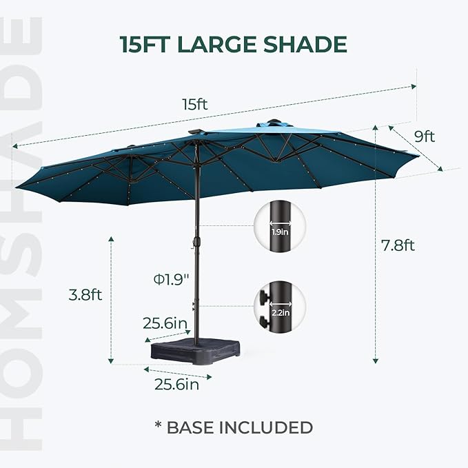 HOMSHADE Double Sided Patio Umbrellas - 15ft Solar Lights LED Lighted Outdoor Extra Large Market Table Umbrella with Base Included, Oversized Umbrella for Deck, Pool, Backyard