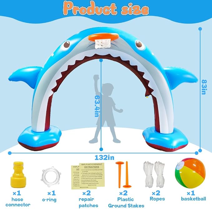 11Ft Inflatable Shark Sprinkler, Large Shark Arch Sprinkler Toys for Summer Outdoor Backyard Yard Lawn, Perfect Inflatable Shark Sprinkler Water Park Toy Games for Boys Girls