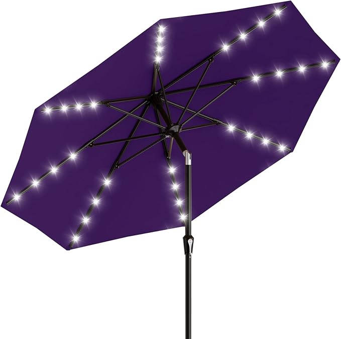 AreShark 9FT Patio Umbrella with Solar Lights, 32 Lighted Pool Umbrella w/Tilt and Crank, Outdoor Market Solar Umbrellas for Garden, Deck, Backyard, Pool and Beach, Purple