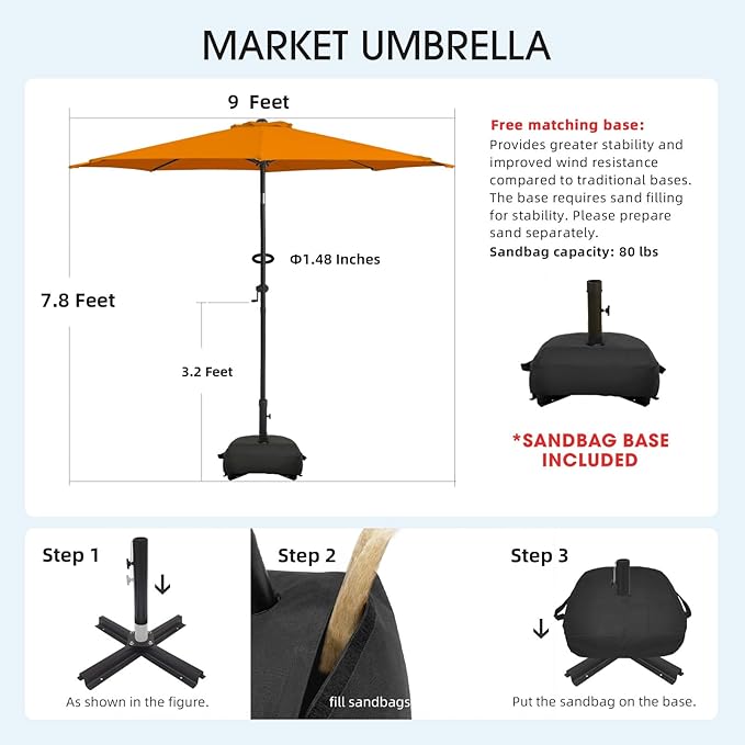 wikiwiki 9FT Patio Umbrella with Base, Outdoor Umbrellas with Base Included, 8 Sturdy Ribs, Waterproof Fade Resistant POLYESTER DTY Canopy for Deck, Lawn, Garden, Backyard & Pool, Orange