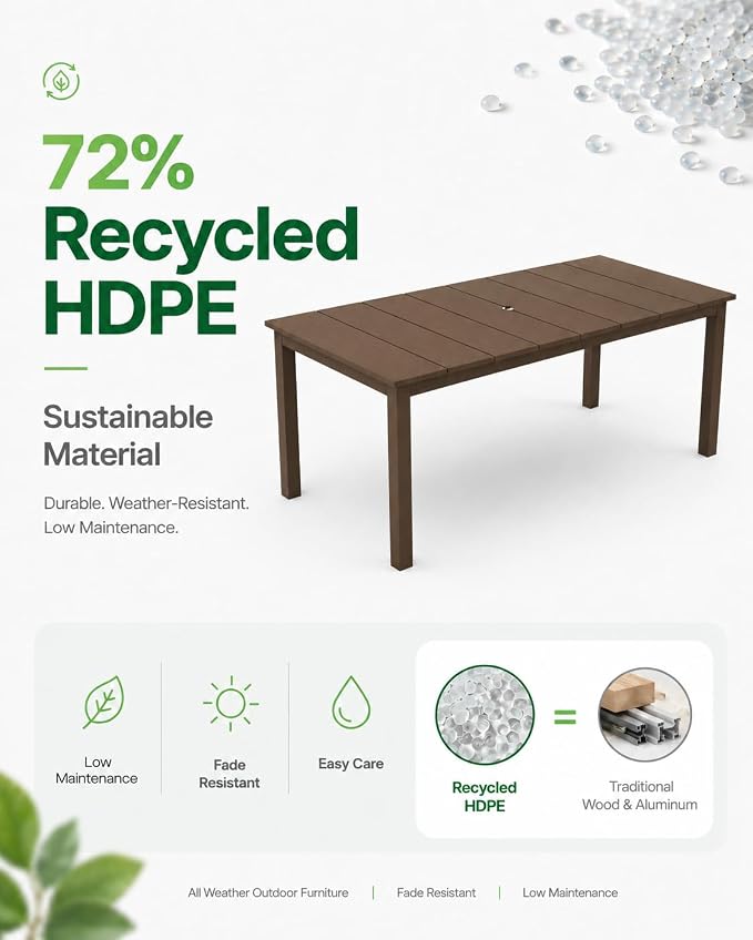 75.2" Outdoor Dining Table for 4-6 People, Patio Dining Outdoor Table with Umbrella Hole, All Weather Patio Table for Backyard, Deck and Garden, Brown
