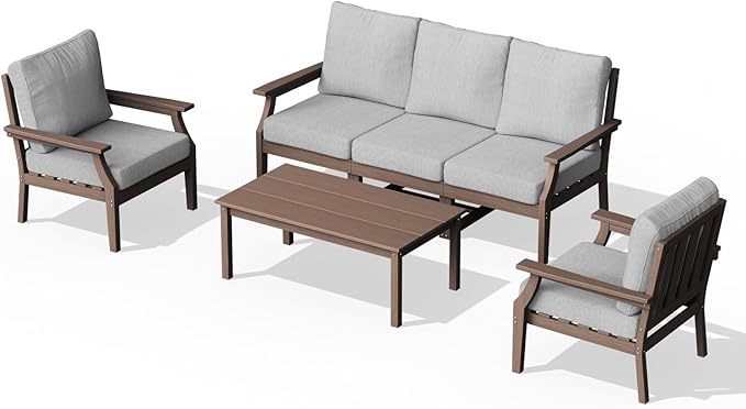 HDPE Patio Conversation Set, 6-Piece All Weather Outdoor Furniture Set with 2 Single Armchairs for Deck, Lawn, with Cushion, Brown