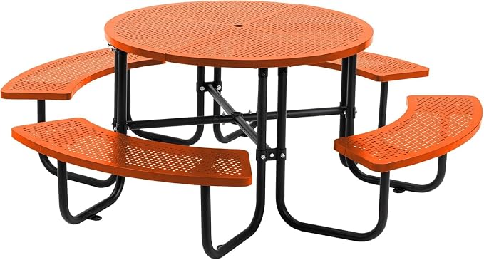 Coated Steel Heavy Duty Picnic Table for Outdoors 3200 lbs Load, Round Camping Table with Umbrella Hole up to 1.78", Commercial Picnic Table with Benches, Orange