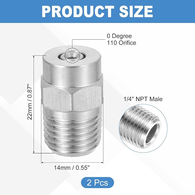 uxcell 2Pcs Pressure Washer Nozzle, Stainless Steel Thread Nozzles Tips, Universal Replacement for Undercarriage Cleaner Water Broom, 1/4 Inch NPT Male, 0 Degree 110 Orifice