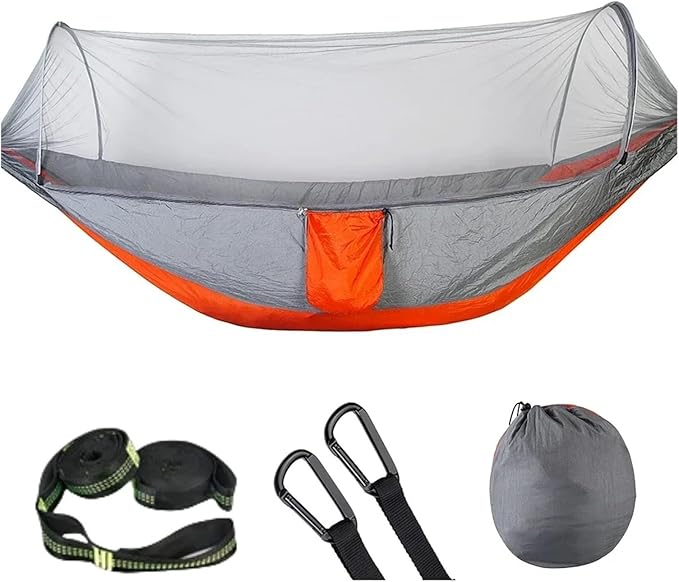 Hammock Camping Hammock with Mosquito Net Pop-Up Light Portable Outdoor Parachute Hammocks Swing Sleeping Hammock Camping Stuff Quick-Opening(Orange-6 Rings)