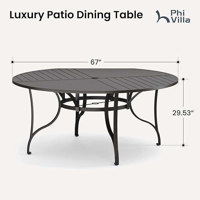 PHI VILLA Round Patio Table for 8, Black Metal Table w/Umbrella Hole | 67" large wrought iron dining table. Slatted top design, weather resistant. Perfect for outdoor deck, porch, backyard.