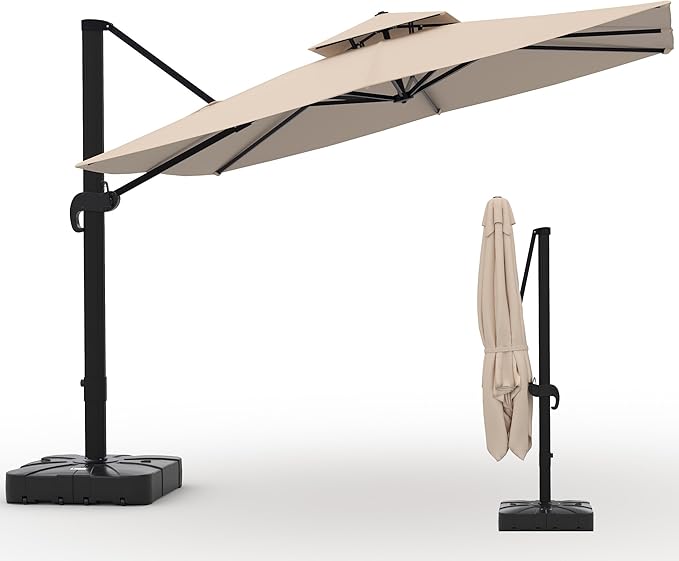 10x10 FT Square Outdoor Umbrella with Base, Cantilever Patio Umbrella with 360° Rotation & Adjustable Height, Heavy Duty Aluminum Umbrella Outdoor Patio for Garden Poolside,Khaki