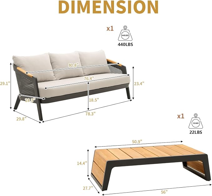 2 Pieces Patio Furniture Set Outdoor Sectional Sofas Patio Conversation Sets Aluminum Sofa Set with Teak Coffee Table & Armrests, Grey