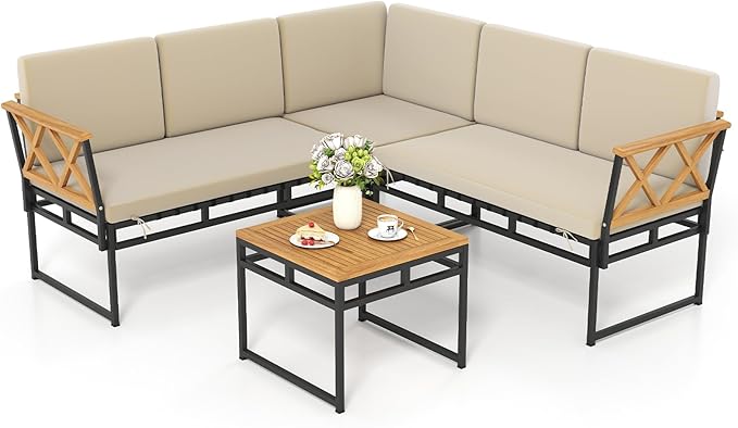 Tangkula L Shaped Outdoor Sectional Sofa Set, 4 Pieces Acacia Wood Patio Cushioned Conversation Set with Bungee Rope Seat,for Porch, Yard, Poolside (Off White)