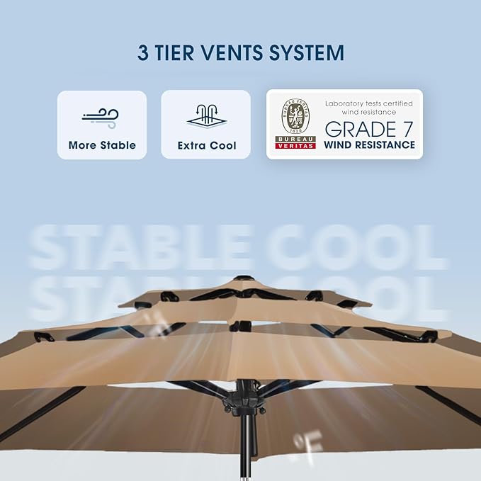 wikiwiki 10ft 3-Tier Patio Umbrella Outdoor Table Market Umbrella for Patio with Push Button Tilt/Crank, Fade Resistant Waterproof POLYESTER Canopy for Garden, Lawn, Deck, Backyard & Pool, Tan