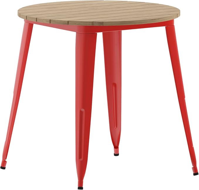 EMMA + OLIVER Drew Dining Table - Brown 30" Round Poly Resin Table Top - Red Steel Base - All-Weather for Indoor/Outdoor Use