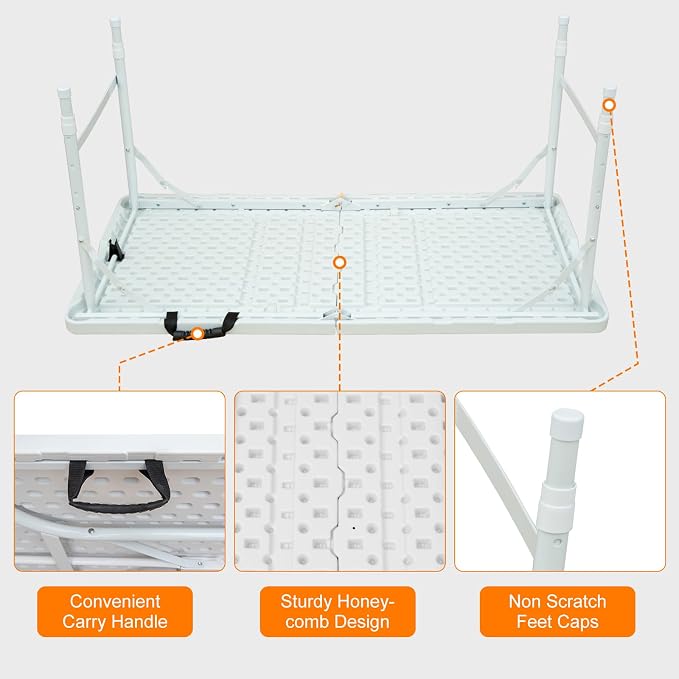 Anwick 4 Foot Folding Table Portable Fold-in-Half Plastic Picnic Table w/Handle and Steel Legs for Indoor, Outdoor, Camping, Party, Garden (White, 4ft)