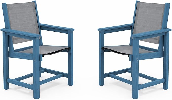 SERWALL Outdoor Dining Chairs Set of 2, All-Weather HDPE Textilene Sling Dining Chair for Backyard, Garden, Blue
