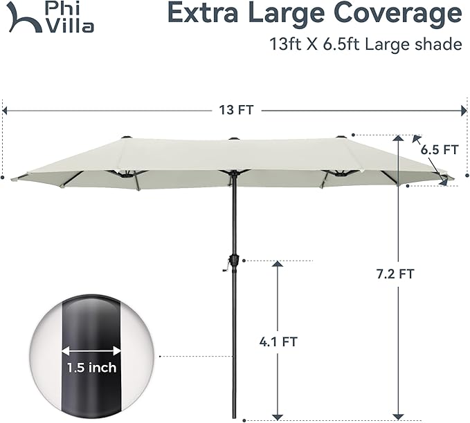 PHI VILLA 13ft Large Patio Umbrellas, Double-Sided Outdoor Market Rectangle Umbrella for Outside, Ivory