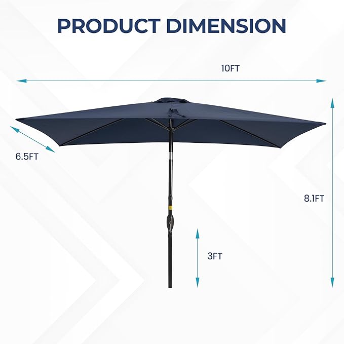 Kiss the Water 6.5' x 10' Patio Umbrella, Rectangular Outdoor Umbrella, Metal Pole Pool Umbrella with Crank and Push Button Tilt, Large Patio Umbrella with Polyester Canopy