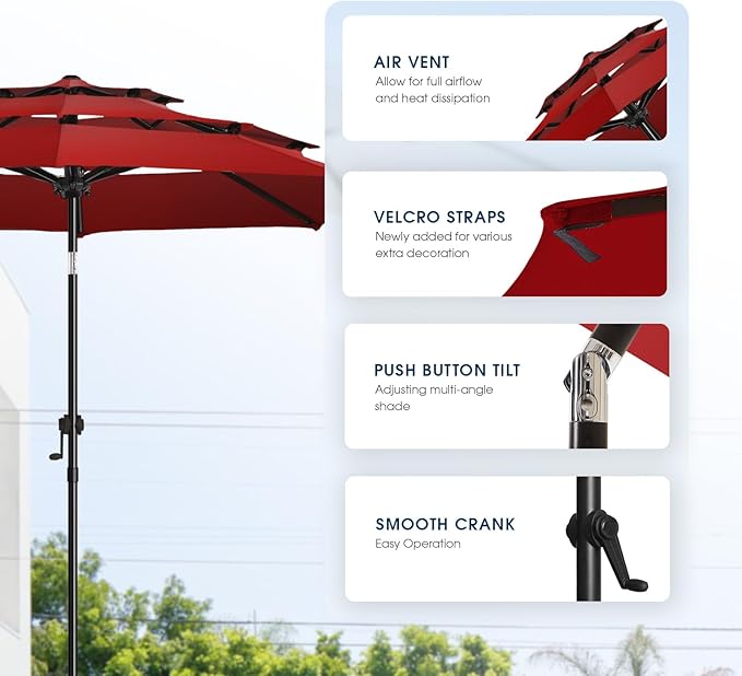 wikiwiki 10ft 3-Tier Patio Umbrella Outdoor Table Market Umbrella for Patio with Push Button Tilt/Crank, Fade Resistant Waterproof POLYESTER Canopy for Garden, Deck, Backyard & Pool, Burgundy Red