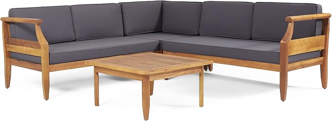 Aston Outdoor 5 Seater Sectional Chat Set with Cushions - Acacia Wood - Teak/Dark Gray