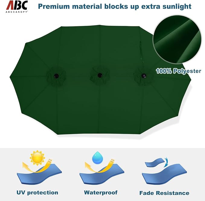 ABCCANOPY 15FT Patio Umbrella with Base, Outdoor Double-Sided Rectangle Umbrella Bonus Latch, Wights for Poolside, Lawn, Backyard (Green)