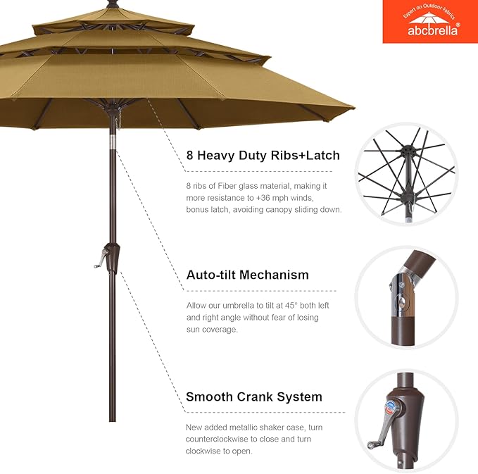 ABCCANOPY 5-Year 10-Year No Fading 9FT 3 Tiers Patio Umbrella, Outdoor Table Umbrella with 8 Sturdy Ribs for Deck, Backyard, Garden, Yard
