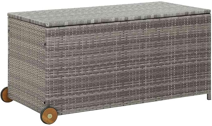 Outdoor Storage Box with Wheels 47.2x25.6x24 Inch Light Gray Poly Rattan Deck Box for Patio Garden Furniture, Cushion Organizer with Wooden Handle and Gas Lift Lid