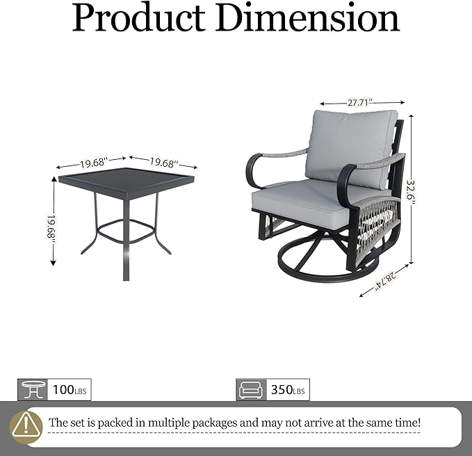 3 Pieces Outdoor Furniture Set, Metal 360° Swivel Rocking Chairs Bistro Sets, Patio Conversation Set with Side Table for Deck, Porch, Garden, Backyard, Poolside (Gray Cushions)