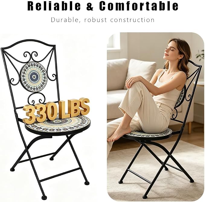 3 Piece Bistro Sets Mosaic Tile Round Table Folding Chairs Garden | Set of 3 Patio Furniture 23.6" Table and 2 Chairs Outdoor Bistro Chairs Artistic Table for Balcony Porch Apartment Backyard