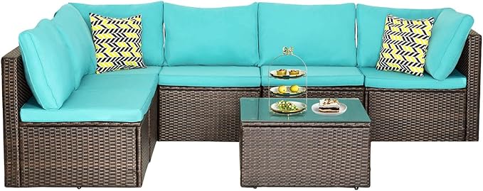 PayLessHere Patio Furniture Set 7 Pieces Outdoor Furniture Wicker Conversation Set Sectional Sofa and Coffee Table Wicker Patio Conversation Sets for Backyard Porch Balcony Poolside,Blue Cushion