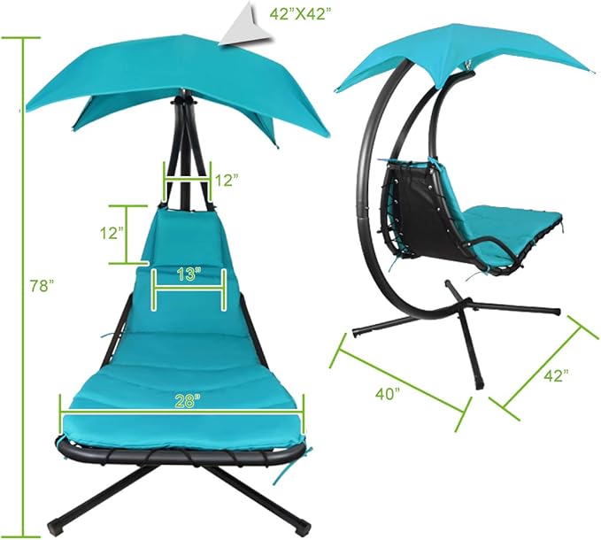 Patio Hanging Chaise Outdoor Lounger Padded Cushion Swing Hammock Chair w/Sun Shade Canopy Umbrella Stand [Blue]