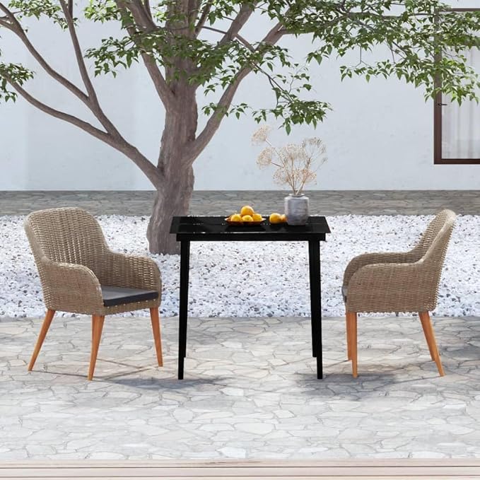 3 Piece Patio Dining Set with Cushions, Brown PE Rattan Outdoor Bistro Set with Glass Top Table and 2 Wicker Chairs for Backyard, Balcony and Garden