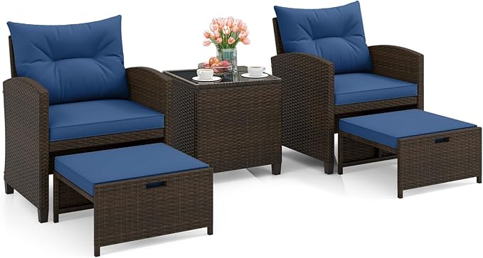 HAPPYGRILL 5-Piece Outdoor PE Rattan Conversation Set, Wicker Patio Furniture Set with Cushion, Ottoman & Coffee Table for Backyard Garden Poolside Lawn Deck Porch (Mix Brown & Navy)