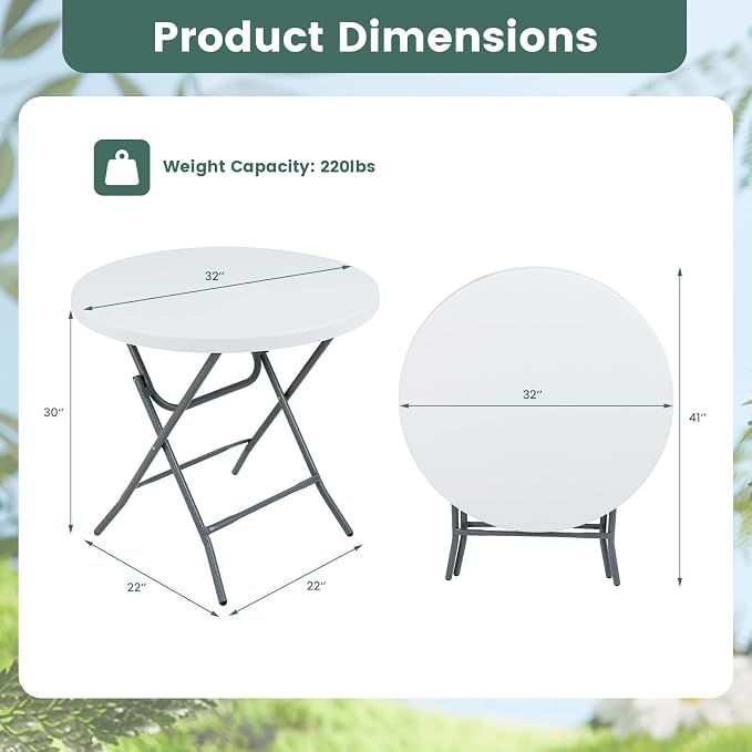 Tangkula 32" Round Folding Table, Portable Picnic Table with All-Weather HDPE Tabletop, Heavy-Duty Metal Frame, Heavy Duty Plastic Outdoor Table for Camping, Dining, BBQ, Party, No Assembly Needed