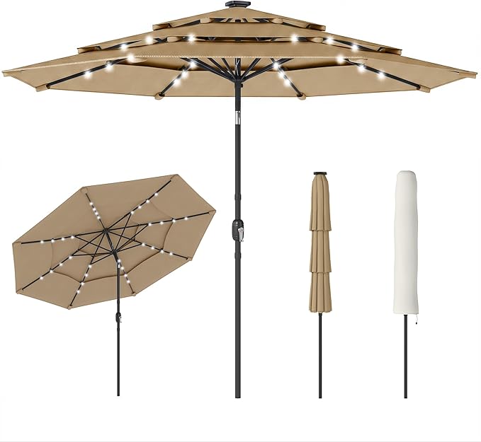 Outsunny 9.7 ft Outdoor Patio Umbrella with 32 Solar LED Lights, 3 Tier Outdoor Table Market Umbrella with Tilt and Crank, 8 Ribs for Garden, Deck, Yard, Poolside