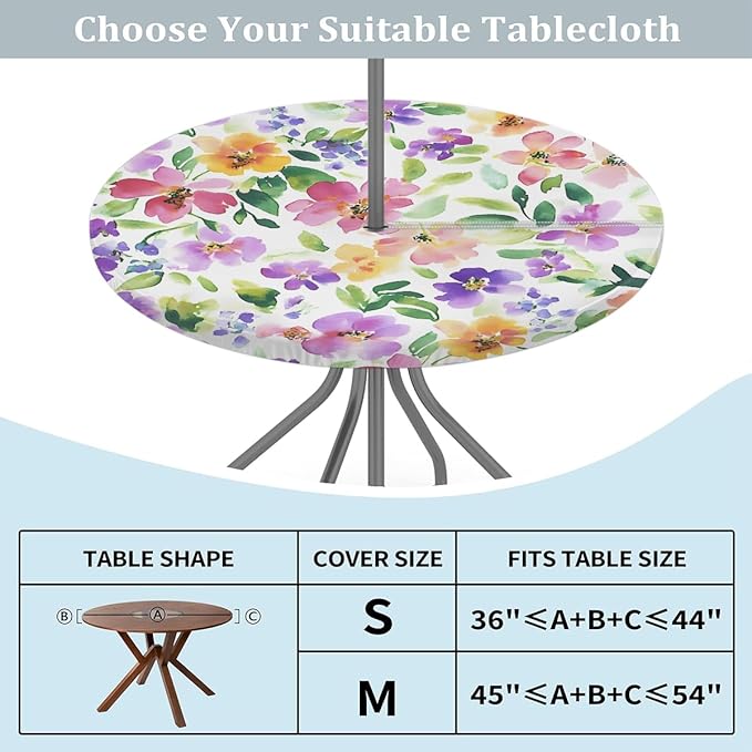 OSAM SPACE Outdoor Tablecloth with Umbrella Hole, Round Elastic Fitted Table Cloth with Invisible Zipper,Watercolor Flowers Picnic Patio Table Cover 45-56in