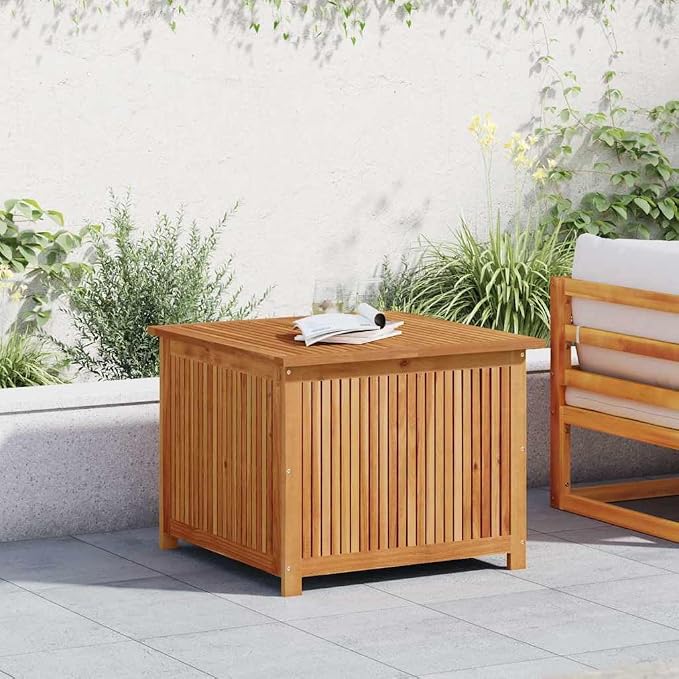 Solid Acacia Wood Patio Storage Box 29.5"x29.5"x22.8" with Water-Proof Bag for Garden Furniture Cushions and Outdoor Items