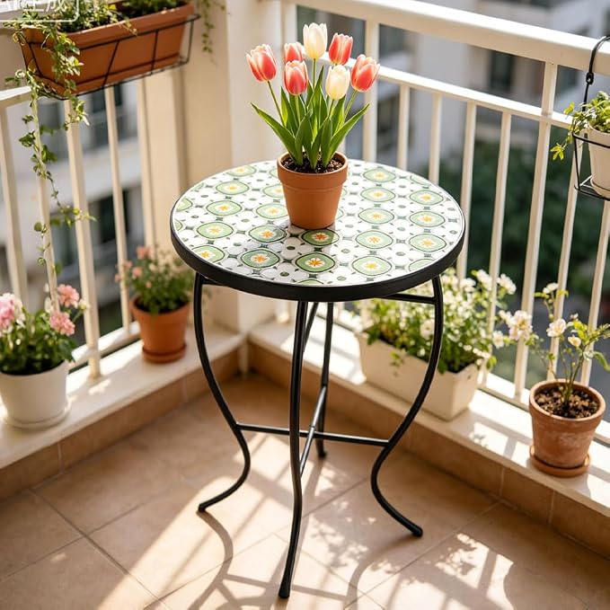 14 Inch Mosaic Patio Side Table with X-Curved Legs, Indoor Outdoor Accent Round End Table with Ceramic Tile Tops for Yard, Garden, Living Room, Bistro, C - Granny Square