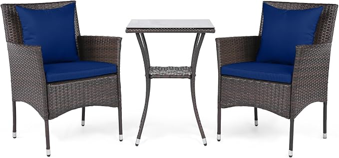 DORTALA Wicker Patio Furniture Set 3 Piece, Small Outdoor Table & Chairs with Tempered Glass Tabletop, Cushions, Rattan Conversation Bistro Set for Balcony, Porch, Backyard, Deck, Mix Brown+Navy