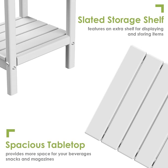 GREENVINES Adirondack-Outdoor-Side-Table | 14 x 13 Inches | HDPE Plastic | All Weather | White | Outside End Tables | Storage Shelf | for Patio Porch Backyard Indoor