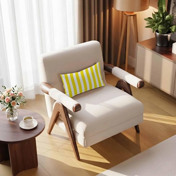 Yellow Striped Outdoor Chaise Lounge Head Pillow with Insert,Modern Farmhouse Yellow White Stripes Waterproof Headrest Lumbar Pillow Cusion Cover with Elastic Strap for Patio Recliner,12"x20" 1PCS
