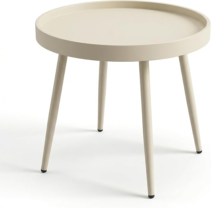 Small Outdoor Side Table - Round Metal End Table with PP Desktop & Anti-Fall Fence - Mini Coffee Table for Small Spaces - Patio, Porch, Living Room- Camel