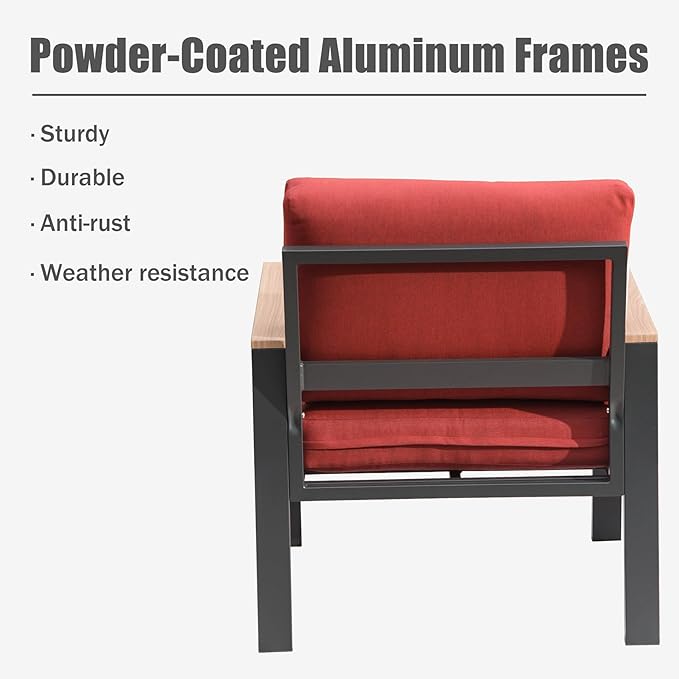 Domi Patio Conversation Set 4 Pieces, Aluminum Outdoor Patio Furniture with Coffee Table, All-Weather Modern Deep Seating Sofa Set with Cushions (Spring Coil Seat Cushion) -Red