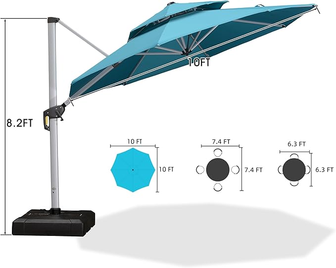PURPLE LEAF 10 FT Cantilever Patio Umbrellas with Base Included, Large Round Offset Umbrella with 360° Rotation, Outdoor Aluminum Pool Umbrella for Pool Lawn Garden, Turquiose Blue