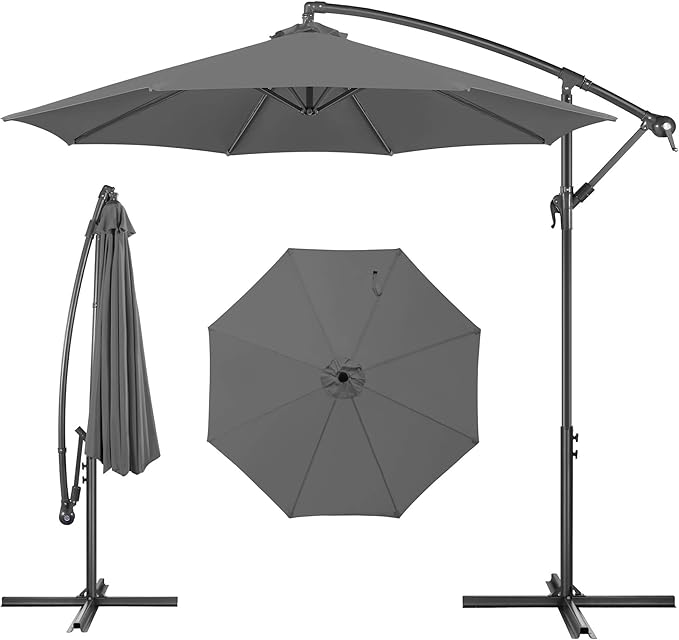 FLAME&SHADE 10ft Cantilever Patio Umbrella Outdoor, Large Offset Umbrella with Crank and Cross Base, UPF 50+ UV Protection Hanging Umbrella for Pool Deck Garden (Anthracite)